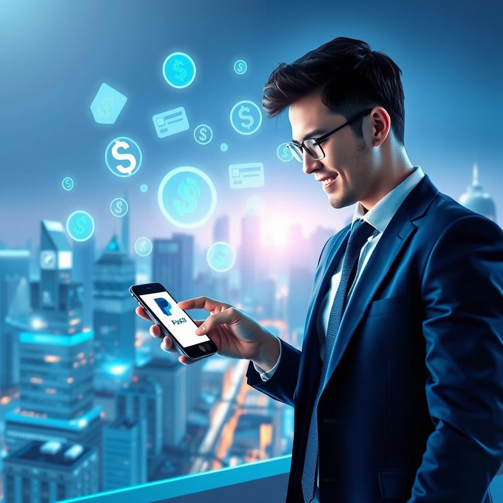 A dynamic and futuristic digital landscape illustrating "Digital Payments." In the foreground, a young professional in smart business attire is using a smartphone to conduct a transaction, displaying the PayPal interface. The middle ground features holographic financial symbols like dollar signs, coins, and digital bank cards hovering around, representing modern financial transactions. The background depicts a city skyline infused with glowing digital elements, showcasing a thriving economy. The scene is illuminated by cool blue and green tones, suggesting technology and innovation, with a soft focus on the edges to give depth. The mood is optimistic and forward-looking, capturing the essence of the future of digital payments. A dynamic and futuristic digital landscape illustrating "Digital Payments." In the foreground, a young professional in smart business attire is using a smartphone to conduct a transaction, displaying the PayPal interface. The middle ground features holographic financial symbols like dollar signs, coins, and digital bank cards hovering around, representing modern financial transactions. The background depicts a city skyline infused with glowing digital elements, showcasing a thriving economy. The scene is illuminated by cool blue and green tones, suggesting technology and innovation, with a soft focus on the edges to give depth. The mood is optimistic and forward-looking, capturing the essence of the future of digital payments.