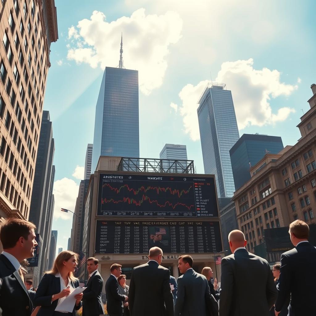 A dynamic scene depicting the American stock market, featuring a bustling financial district in the foreground with professionals in business attire engaged in discussions. In the middle ground, a large digital stock ticker displays fluctuating stock prices and charts, capturing the high-stakes world of trading. The background showcases iconic skyscrapers, symbolizing the financial hub of the United States, under a bright blue sky with fluffy white clouds. Soft sunlight filters through, creating a vibrant and energetic atmosphere. The composition is viewed from a slightly elevated angle, giving a comprehensive view of the market activity. This image should evoke a sense of opportunity and learning, ideal for individuals seeking to understand the intricacies of the stock market.