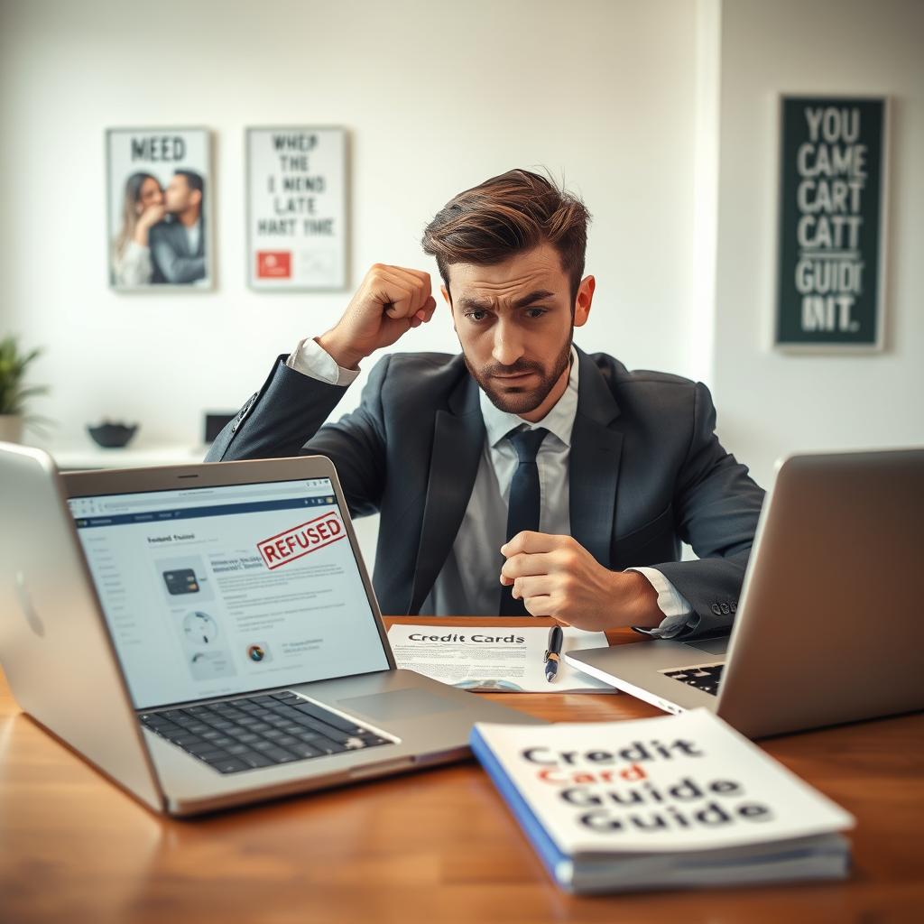 A frustrated person in business attire sitting at a modern desk, holding a letter with a visible stamp of "refused" on it, their expression a mix of disappointment and determination. In the foreground, an open laptop shows a credit card application webpage. The middle ground features a neatly arranged workspace with a stack of financial documents and a guidebook titled “Credit Card Guide”. The background consists of a bright office space with motivational posters, indicating a professional atmosphere. Soft natural light filters in through a window, creating a warm yet serious mood. The image captures the essence of dealing with credit card rejections, evoking both the challenge and hope of reapplying.