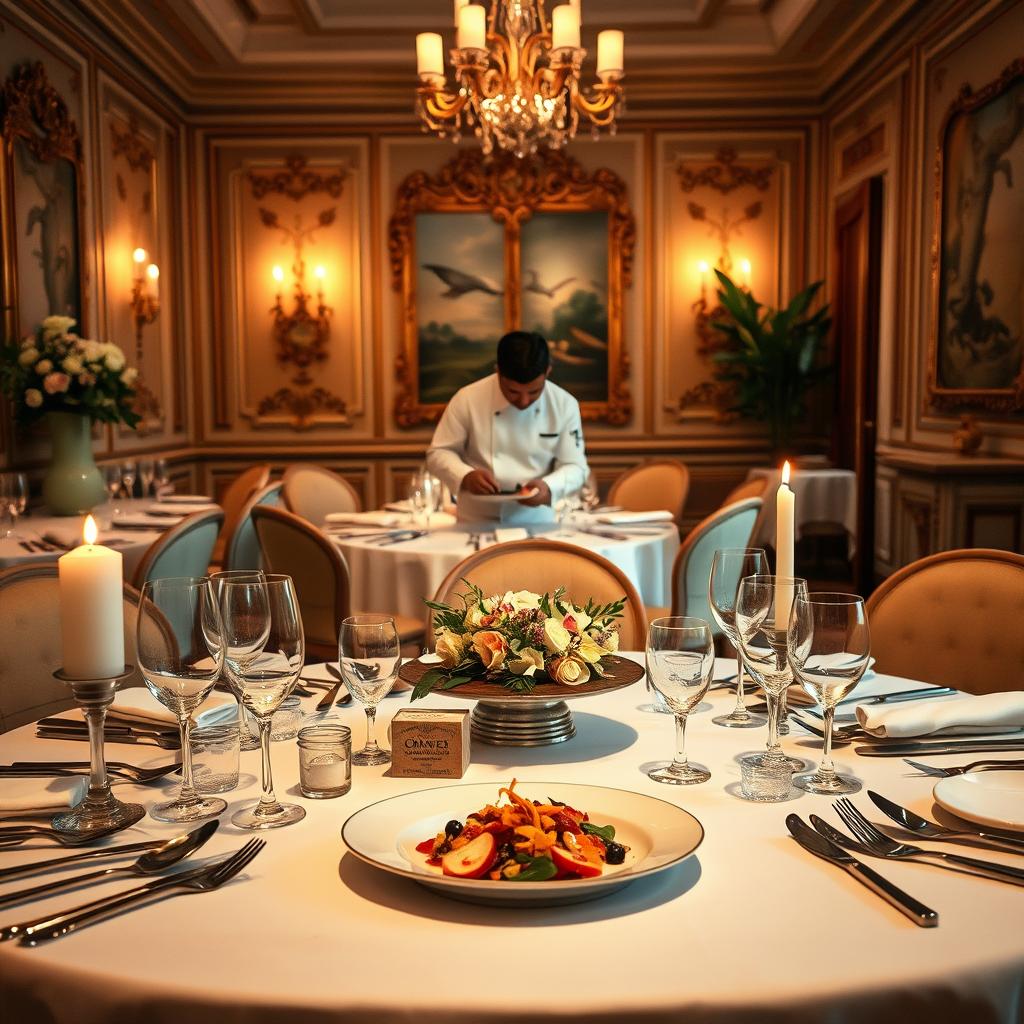 A lavish, exclusive dinner setting for a private culinary experience in France. In the foreground, a beautifully set table adorned with elegant white tablecloths, fine china, crystal glassware, and exquisite silverware. Delicate floral arrangements and flickering candles create an intimate atmosphere. The middle ground features a gourmet chef, dressed in a pristine white coat, meticulously plating a vibrant dish on a beautiful serving platter. The background showcases a luxurious dining room with soft, ambient lighting highlighting ornate decorations and artful wall designs, evoking a sense of elegance and sophistication. Use warm lighting to enhance the inviting mood, captured from a slightly elevated angle to showcase both the table and the chef in action.