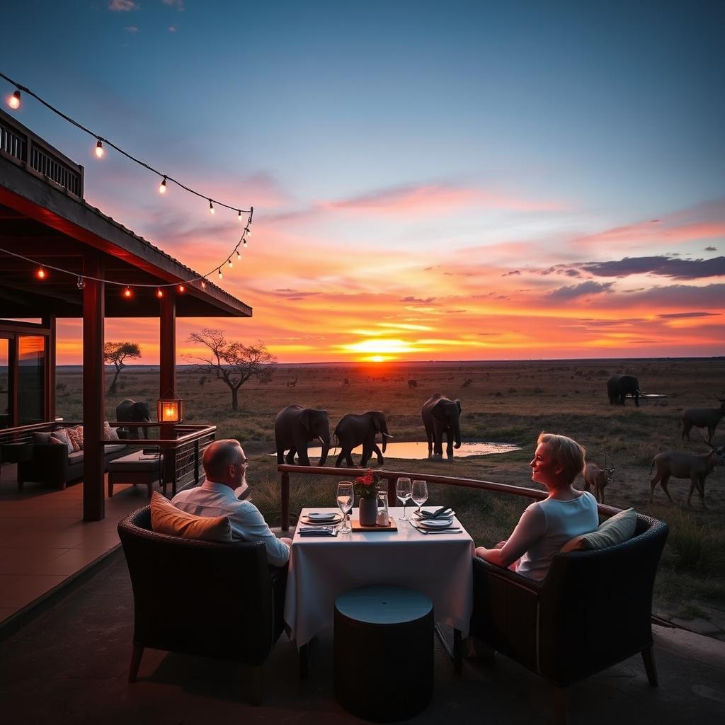 A luxurious African safari scene set in a picturesque savanna at sunset. In the foreground, an elegantly designed safari lodge with rich wooden textures and plush outdoor seating, where a stylish couple in lightweight, smart-casual clothing enjoys a fine dining experience under ambient string lights. The middle ground features wildlife, such as a herd of elephants calmly roaming by a serene watering hole, while a few graceful gazelles graze nearby. In the background, the expansive savanna stretches towards a stunning horizon, painted with vibrant hues of orange and pink. Soft, warm lighting enhances the inviting atmosphere, with a panoramic view captured from a low angle, emphasizing the grandeur of nature and luxury. The mood is tranquil and opulent, perfectly encapsulating exclusive safari adventures in Africa.