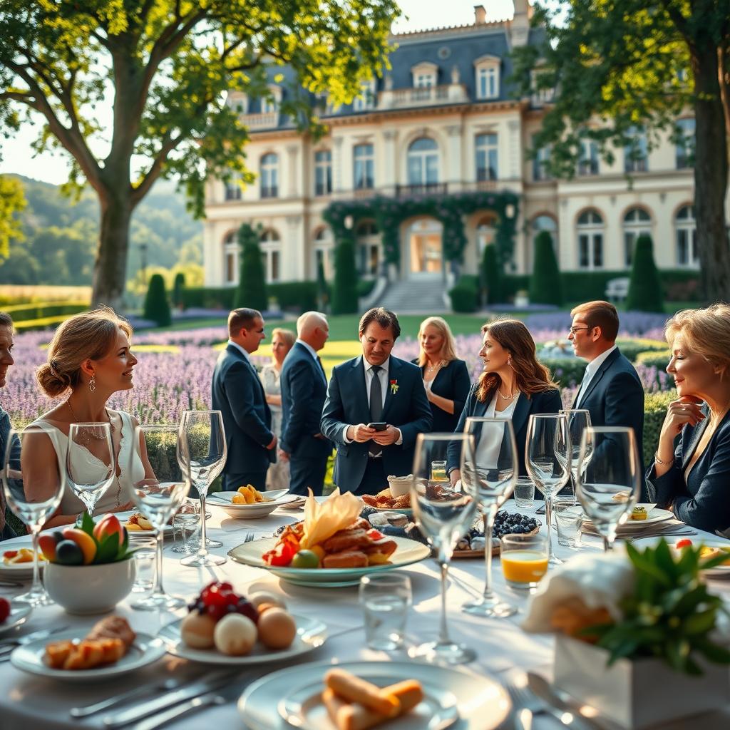 A luxurious French cultural immersion scene featuring a beautifully set table adorned with gourmet delicacies, fine china, and exquisite crystal glasses in the foreground. In the middle, a diverse group of elegantly dressed individuals, in professional attire, engage in conversation, embodying a sense of sophistication and camaraderie. The background showcases an opulent French chateau with elegant architecture, surrounded by lush gardens and iconic landscape elements like lavender fields. Soft, golden sunlight filters through the trees, casting warm shadows that enhance the atmosphere of luxury. The lens captures the moment with a slight bokeh effect, emphasizing the intimacy of the gathering while retaining the grandeur of the surroundings. The overall mood is inviting, sophisticated, and celebratory, reflecting upscale cultural experiences in France.