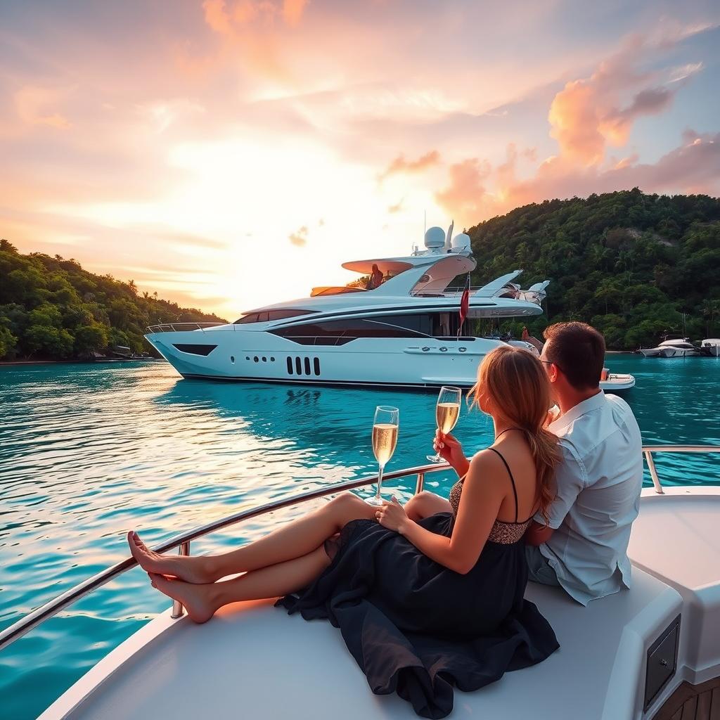 A luxurious adventure travel scene showcasing a stunning yacht anchored in a crystal-clear turquoise bay, surrounded by lush tropical greenery. In the foreground, a couple dressed in elegant yet casual attire enjoys a glass of champagne while sitting on the deck, overlooking the serene waters. The middle ground features the yacht, designed with sleek lines and modern amenities, casting a reflection on the water. The background presents a breathtaking sunset, with hues of orange, pink, and purple merging in the sky. Light filters through the trees, creating a warm and inviting atmosphere. The scene captures a mood of relaxation and thrill, emphasizing the essence of luxury adventure travel. The shot is taken with a slight aerial perspective, highlighting the stunning landscape and the sophistication of the moment.