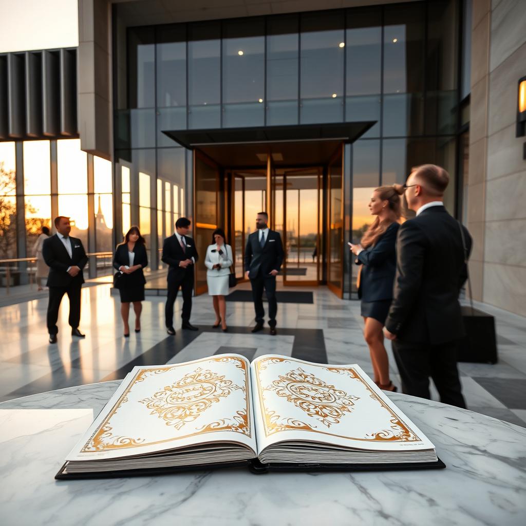 A luxurious architectural tour scene featuring an elegant group of professionals in business attire, examining a stunning contemporary building with sleek lines and grand entrance. In the foreground, an ornate guidebook rests on a marble surface, showcasing intricate designs highlighted in gold. The middle ground presents the striking facade of the building, with large glass windows reflecting the sky. In the background, a picturesque Parisian skyline can be seen bathed in warm, golden hour light, creating a soft atmosphere. The angle captures the grandeur of the architecture from slightly below eye level, enhancing its magnificence. The mood is sophisticated yet inviting, sparking curiosity for exclusive luxury architecture tours.