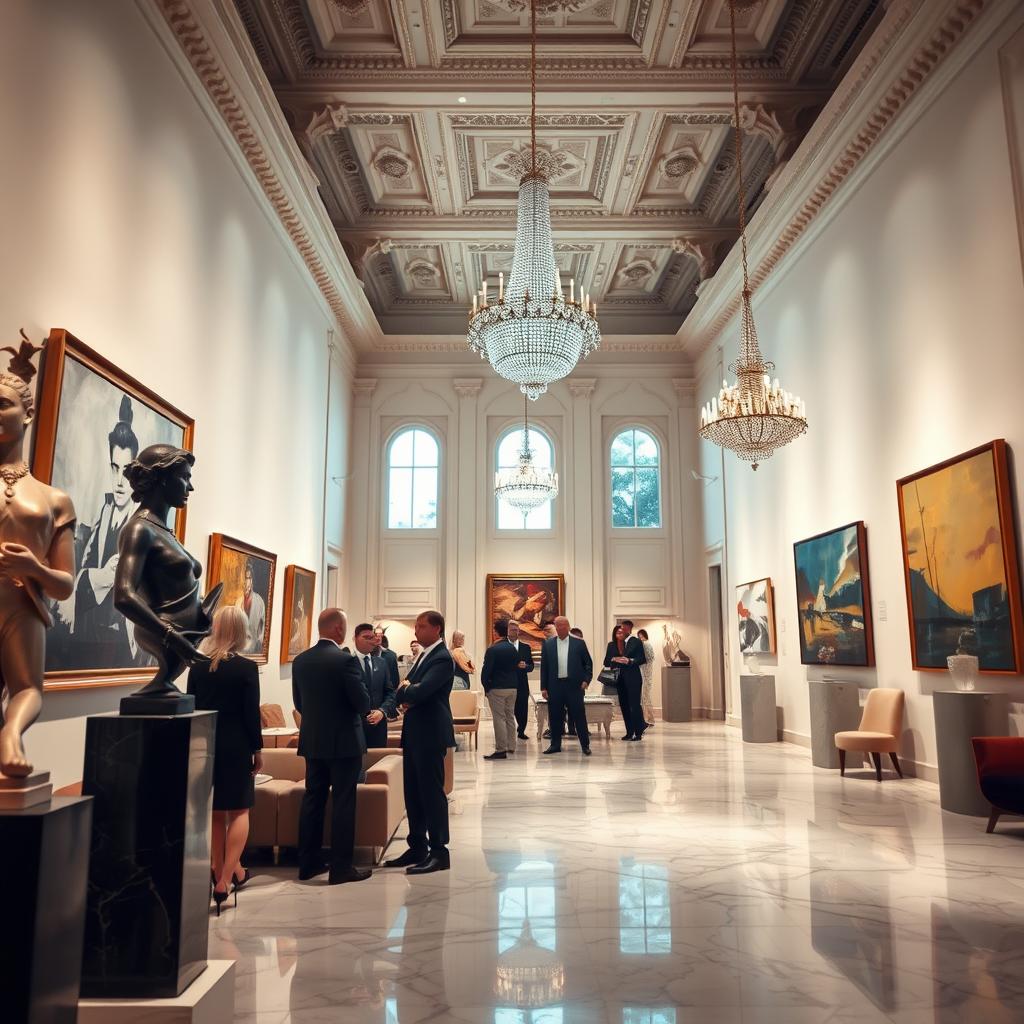 A luxurious art gallery interior showcasing exquisite contemporary artwork. In the foreground, elegant sculptures and abstract paintings are well-lit under soft, ambient lighting, creating an inviting atmosphere. The middle ground features a polished marble floor and plush seating areas, where tastefully dressed individuals in professional business attire engage in conversation, contemplating the art around them. The background reveals grand high ceilings adorned with intricate molding, large windows allowing natural light to flood the space, and opulent chandeliers hanging gracefully. The overall mood is sophisticated and inspiring, inviting viewers to appreciate the elegance and beauty of high-end art galleries. The angle captures the depth of the gallery, emphasizing its spaciousness and luxurious details.