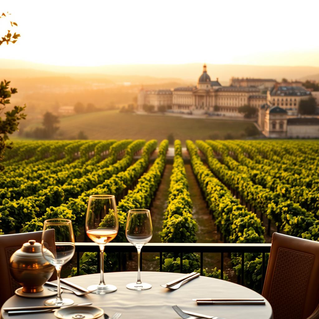 A luxurious artistic voyage in Bordeaux, showcasing an elegant winery surrounded by sprawling vineyards under a golden sunset. In the foreground, a beautifully set table with fine wine glasses and artistic dishes, inviting a sense of indulgence. The middle ground features a classic Bordeaux vineyard with lush green vines and artistic sculptures, highlighting the fusion of art and wine. In the background, the iconic Bordeaux architecture with historical buildings bathed in soft, warm light, creating a serene atmosphere. The mood is sophisticated and tranquil, evoking the essence of luxury travel. Use a tilt-shift lens effect to create depth and emphasize the intricate details of the vineyard and the art displayed. The lighting should be soft and inviting, emphasizing the golden hues of sunset.