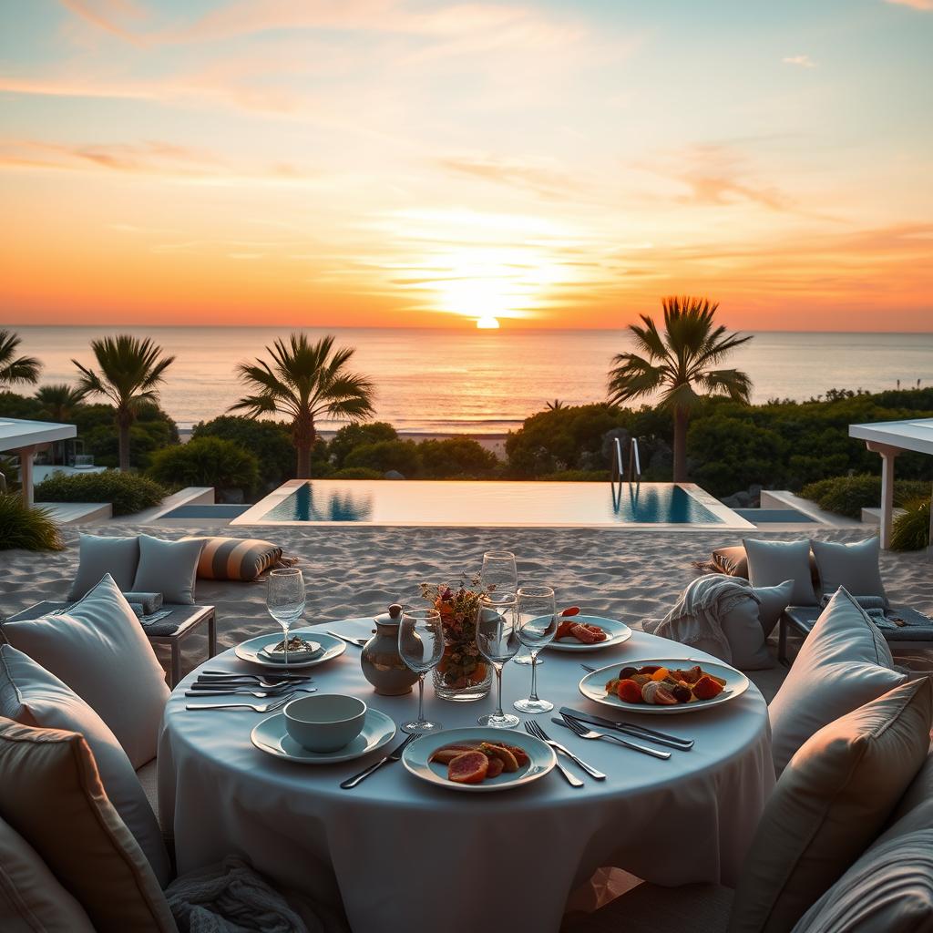 A luxurious beach retreat setting in France, capturing a serene atmosphere. In the foreground, a elegantly set dining table with fine china, crystal glasses, and gourmet dishes, surrounded by plush cushions and soft throws on a sandy beach. In the middle ground, a tranquil infinity pool merging into the ocean, with palm trees swaying gently in the breeze. The background features a stunning sunset over the horizon, casting vibrant hues of orange and pink across the sky. Soft golden lighting enhances the warm ambiance, creating a relaxed yet opulent mood. The scene is framed with a soft focus to evoke a sense of tranquility and exclusivity, inviting viewers to indulge in the luxury of the experience.