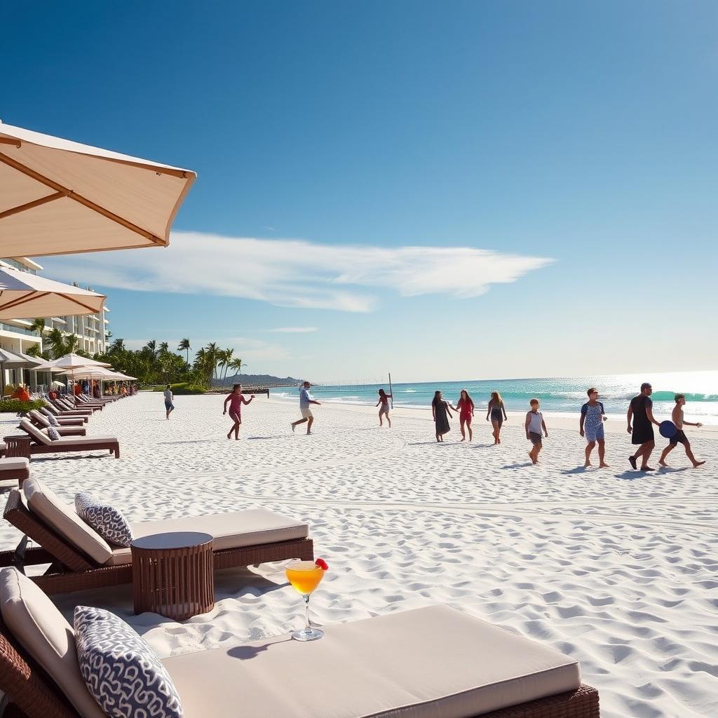 A luxurious beachfront resort scene, featuring a pristine white sandy beach stretching under a brilliant blue sky. In the foreground, elegantly arranged sun loungers with plush cushions and patterned umbrellas invite relaxation, while a refreshing cocktail sits on a small table. In the middle, well-dressed couples engage in leisure activities: one couple plays beach volleyball, another takes a leisurely stroll along the shore, and a family enjoys a game of frisbee. Gentle waves lap at the shore, sparkling in the warm afternoon sunlight. In the background, the resort's stunning architecture offers a glimpse of upscale amenities, with palm trees swaying lightly in the breeze. The atmosphere is serene and inviting, embodying luxury and leisure, with vibrant colors highlighting the beauty of the seaside paradise.