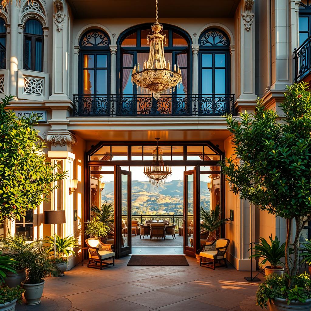 A luxurious boutique hotel entrance, featuring a beautifully designed façade with intricate architectural details. In the foreground, a charming outdoor patio with elegant seating arrangements surrounded by lush potted plants. The middle ground showcases the hotel’s grand entrance, adorned with tasteful chandeliers and a welcoming reception area. In the background, a scenic landscape of rolling hills or a vibrant urban setting, depending on the hotel’s location. The lighting is soft and warm, creating an inviting atmosphere, with golden hour sunlight casting gentle shadows. Shot using a wide-angle lens to capture the grandeur of the space, evoking feelings of sophistication and comfort, perfect for discerning travelers seeking luxury experiences.