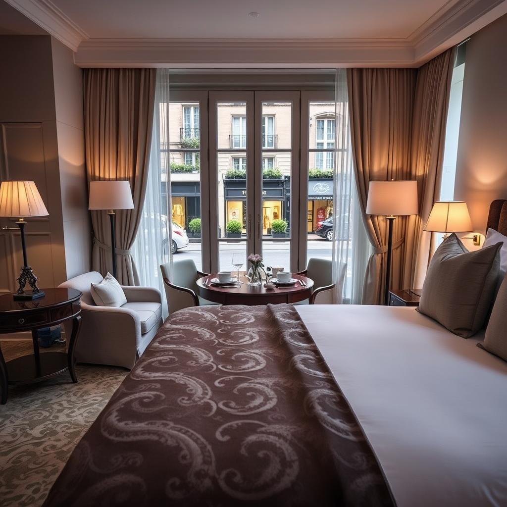 A luxurious boutique hotel room, elegantly designed with a blend of modern sophistication and classic charm. In the foreground, a plush king-size bed adorned with high-quality linens and opulent pillows invites relaxation. Soft, ambient lighting glows from stylish bedside lamps, casting a warm hue across the room. In the middle, a beautiful wooden table set for two features exquisite breakfast items and a delicate flower arrangement. The background showcases large windows draped in sheer curtains, revealing a picturesque view of a quaint French street lined with artisanal shops and greenery. The atmosphere is serene and inviting, emphasizing the essence of a high-end getaway. Use a soft focus lens with a slight vignette to create a dreamy, sophisticated mood.