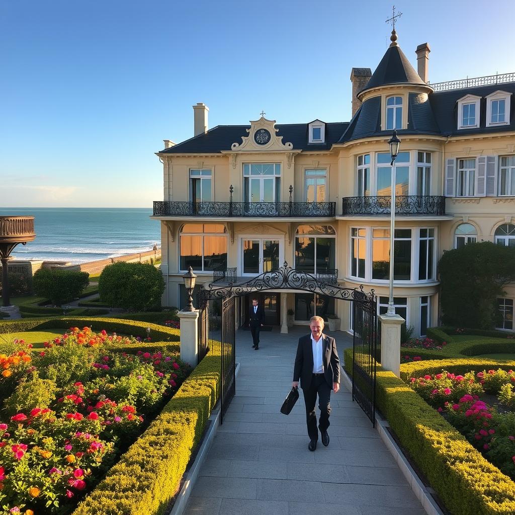 A luxurious coastal hotel in Normandy, featuring elegant architecture with classic French design elements. In the foreground, a beautifully manicured garden with vibrant flowers and hedges leads up to the grand entrance of the hotel, adorned with ornate wrought-iron gates. In the middle ground, the hotel's lavish exterior boasts large windows reflecting the sunlight, hinting at the opulence within. The background features a stunning view of the Normandy shoreline, with gently rolling waves and a clear blue sky. The scene is bathed in warm, golden hour lighting that creates a serene and sophisticated atmosphere. Include a few guests in professional attire strolling gracefully, enhancing the sense of luxury and heritage in this idyllic setting, captured from a slightly elevated angle to showcase the grandeur of the establishment.