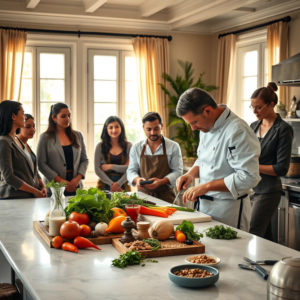 A luxurious cooking class scene set in an elegant, sunlit French kitchen. In the foreground, a diverse group of four students in professional attire attentively watch a skilled chef demonstrating sustainable cooking techniques. The chef, wearing a classic white chef jacket and apron, elegantly slices fresh, organic vegetables sourced from local markets, showcasing a vibrant array of colors. In the middle ground, a polished marble counter is adorned with beautiful, artisanal kitchen tools and ingredients like herbs, nuts, and whole grains, emphasizing the commitment to sustainability. The background features large windows draped with light, airy curtains, allowing warm natural light to flood in, illuminating the rustic yet sophisticated decor. The atmosphere feels warm and inviting, inspiring culinary creativity and passion for sustainable cuisine.