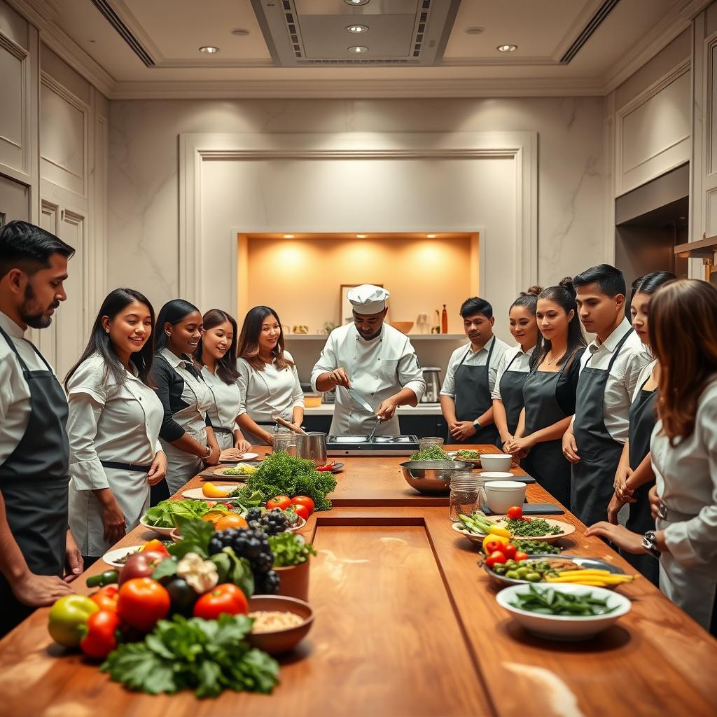 A luxurious cooking class set in an elegant, well-appointed kitchen, featuring polished marble countertops and stainless steel appliances. In the foreground, a diverse group of well-dressed individuals, clad in crisp chef uniforms and aprons, attentively gather around a large wooden table adorned with fresh, vibrant ingredients such as organic vegetables, herbs, and gourmet spices. The middle ground showcases a skilled chef demonstrating techniques with precision, surrounded by state-of-the-art culinary tools. The background is softly lit with warm, ambient lighting, casting a cozy yet upscale atmosphere. The scene is framed from a slightly elevated angle, providing a clear view of both the participants and the chef. A sense of excitement and passion for gourmet cooking permeates the air, inviting viewership into the world of high-end culinary arts.
