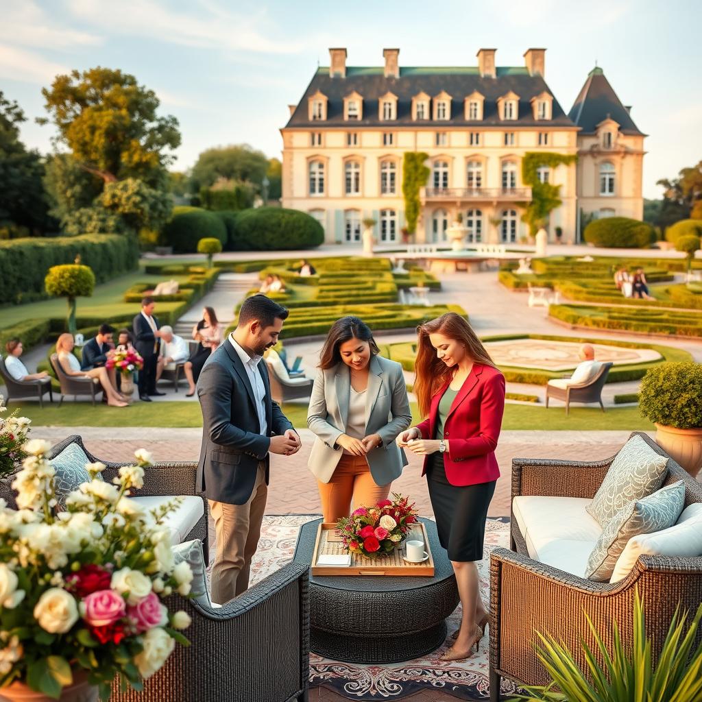 A luxurious corporate retreat set in a serene French countryside, showcasing a group of diverse professionals engaged in team-building activities. In the foreground, three individuals, a man and two women, are collaborating on a creative task, dressed in smart casual business attire. The middle ground features a beautifully arranged outdoor space with elegant seating, fresh flowers, and a lavish picnic setup. In the background, a grand chateau with manicured gardens and lush greenery complements the opulent atmosphere. The scene is bathed in warm, golden hour lighting, creating an inviting and motivational mood. Capture the essence of teamwork and luxury in a tranquil outdoor environment, focusing on collaboration and engagement among the participants. Use a wide-angle lens to encompass the vibrant setting and activity.