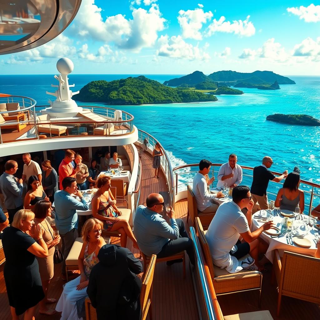 A luxurious cruise ship gracefully sailing across the sparkling turquoise waters of the Caribbean, with a plush deck featuring elegant lounge chairs and guests sipping cocktails. In the foreground, a diverse group of well-dressed travelers, clad in smart casual attire, engaged in lively conversation and laughter while enjoying the view. The middle ground showcases the ship's sophisticated dining area with large windows, allowing natural light to flood in, creating a warm, inviting atmosphere. In the background, lush, tropical islands dot the horizon under a brilliant blue sky, enhancing the sense of escape and indulgence. The idyllic scene captures the essence of high-end cruise experiences, with soft, golden sunlight casting gentle reflections on the water, evoking a feeling of serenity and luxury.