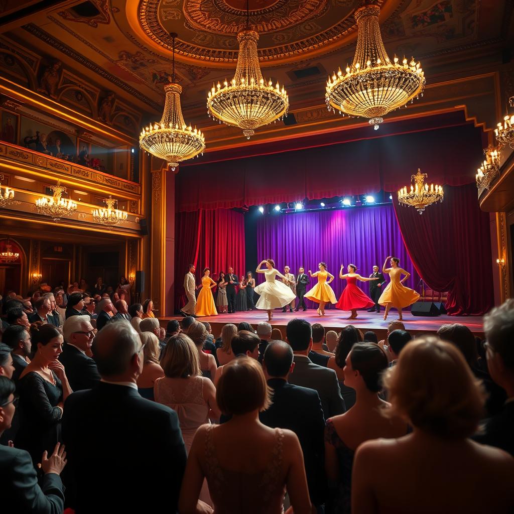 A luxurious cultural scene depicting an elegant music and dance performance in a grand theater. In the foreground, a diverse group of elegantly dressed audience members, including both men and women in stylish evening attire, are captivated by the stage show. The middle features a captivating performance, with skilled dancers in flowing costumes showcasing classical ballet and traditional folk movements, illuminated by dramatic stage lighting. The background reveals opulent decor of the theater, adorned with chandeliers and rich drapery. The atmosphere is vibrant and enchanting, conveying a sense of sophistication and cultural richness. Soft, warm spotlighting highlights the performers, while deeper shadows create a sense of depth. The camera angle is slightly tilted upward to capture both the performers and the exquisite details of the theater.