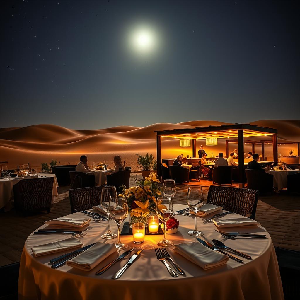 A luxurious desert resort scene in the French dunes, showcasing elegant dining options under a starry night sky. In the foreground, a beautifully set table, adorned with fine china, crystal glassware, and exquisite centerpieces made of desert flowers. The middle ground features a stylish open-air restaurant with soft lighting and comfortable seating, where guests in smart casual attire enjoy gourmet meals. In the background, rolling sand dunes illuminated by the moonlight, creating a serene and opulent atmosphere. Incorporate warm golden hues and soft shadows to enhance the mood, with a focus on inviting tranquility. Use a wide-angle lens perspective to capture the expansive desert landscape and intimate dining experience, emphasizing the unique luxury of dining in the heart of the desert.