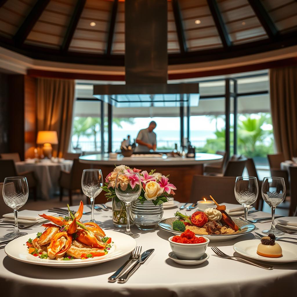 A luxurious dining setting in a high-end all-inclusive resort, reflecting exquisite gastronomy. In the foreground, an elegantly set table adorned with fine china, sparkling crystal glassware, and a tasteful floral centerpiece. Gourmet dishes, artfully plated, featuring fresh seafood, vibrant vegetables, and delicately arranged desserts. In the middle ground, a professional chef expertly preparing dishes in an open kitchen, showcasing skill and culinary artistry. The background reveals the opulent resort ambiance with large windows overlooking lush gardens or ocean views, bathed in soft, warm lighting that creates a cozy yet upscale atmosphere. The scene captures a sense of indulgence and sophistication, inviting guests to savor a culinary journey.