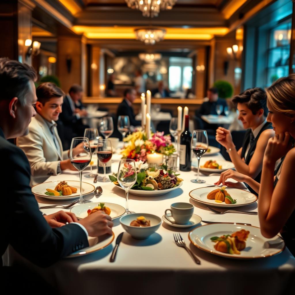 A luxurious dining table set for an exclusive culinary experience, featuring exquisite dishes artfully arranged on fine china. The foreground showcases elegantly dressed guests in smart casual attire enjoying gourmet cuisine with a focus on fresh, seasonal ingredients. In the middle, a beautifully garnished centerpiece, possibly featuring fine wines and decadent desserts, captures the eye. The background provides a glimpse of a chic French restaurant with sophisticated decor, dimmed ambient lighting creating a warm, inviting atmosphere. Soft candlelight flickers, enhancing the romantic mood. The scene is illuminated in a golden hue, with a shallow depth of field to emphasize the intimate gatherings and gourmet presentation, portraying luxury and exclusivity in a vibrant setting.