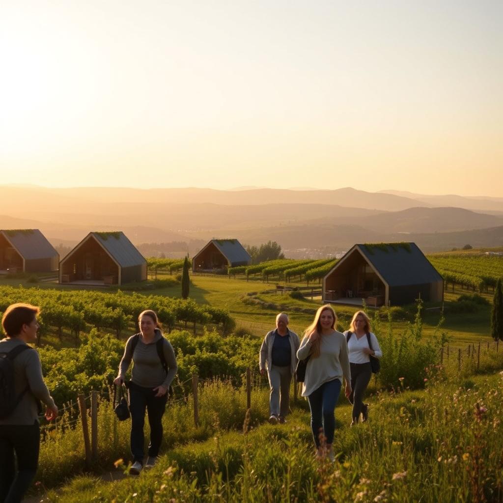 A luxurious eco-friendly adventure scene set in the stunning French countryside. In the foreground, a small group of travelers in modest casual clothing engage in an outdoor activity, like hiking or exploring a vineyard, showcasing their enjoyment of nature. In the middle ground, there are graceful eco-lodges made from sustainable materials, surrounded by lush greenery and wildflowers, emphasizing luxury intertwined with nature. The background features rolling hills and vineyards under a soft golden sunset, creating a warm and inviting atmosphere. The lighting is soft and diffused, simulating a serene golden hour, with a slight lens flare to enhance the ethereal feel of the scene. The overall mood is one of tranquility, adventure, and a deep connection to nature.