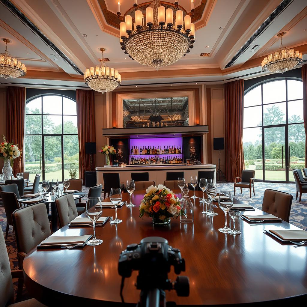 A luxurious event venue for corporate occasions, featuring an elegantly designed ballroom with high ceilings, grand chandeliers, and sophisticated decor. In the foreground, a polished wooden dining table set with fine china and crystal glasses, surrounded by chairs with plush upholstery. The middle ground showcases a stylish bar area with premium liquor bottles and a tasteful floral arrangement. In the background, large windows allow natural light to flood the space, offering a view of a beautifully landscaped garden. Soft, ambient lighting creates an inviting atmosphere, while a professional photographer captures the scene from a low angle, emphasizing the grandeur of the venue. The mood is upscale, refined, and conducive to high-profile business gatherings.
