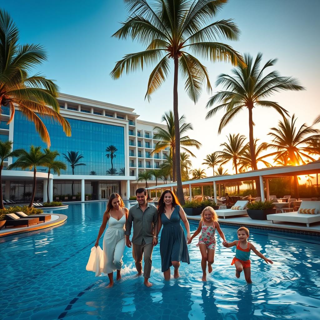 A luxurious family hotel, showcasing an elegant swimming pool surrounded by lush tropical gardens. In the foreground, a happy family of four enjoys the pool area, with parents in stylish, modest resort wear and children playing joyfully. The middle ground features the opulent hotel building with large glass windows reflecting the blue sky, and elegant outdoor seating areas adorned with plush cushions. In the background, palm trees sway gently, and the sun sets on the horizon, casting a warm golden glow over the scene. The atmosphere is inviting and relaxed, highlighting an idyllic vacation environment. The image is captured from a slightly elevated angle, emphasizing the grandeur of the hotel and the joyful interaction of the family, creating a sense of luxury and togetherness.