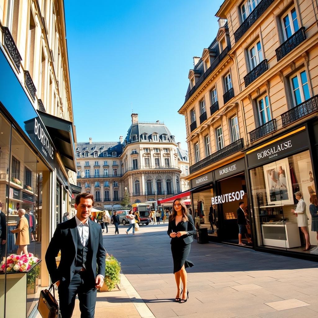 A luxurious fashion destination in Bordeaux, showcasing elegant boutiques and modern storefronts. In the foreground, a chic, stylish man and woman in professional attire are window shopping, exuding sophistication and grace. The middle ground features beautifully designed boutique shops with high-end fashion displays, trendy accessories, and floral accents. The background reveals Bordeaux's stunning architecture, including classic stone buildings and the iconic Place de la Bourse, under a clear blue sky. Soft, warm afternoon light bathes the scene, emphasizing the elegance of the environment. The mood is upscale and inviting, perfect for fashion enthusiasts seeking innovation and luxury in a vibrant city.
