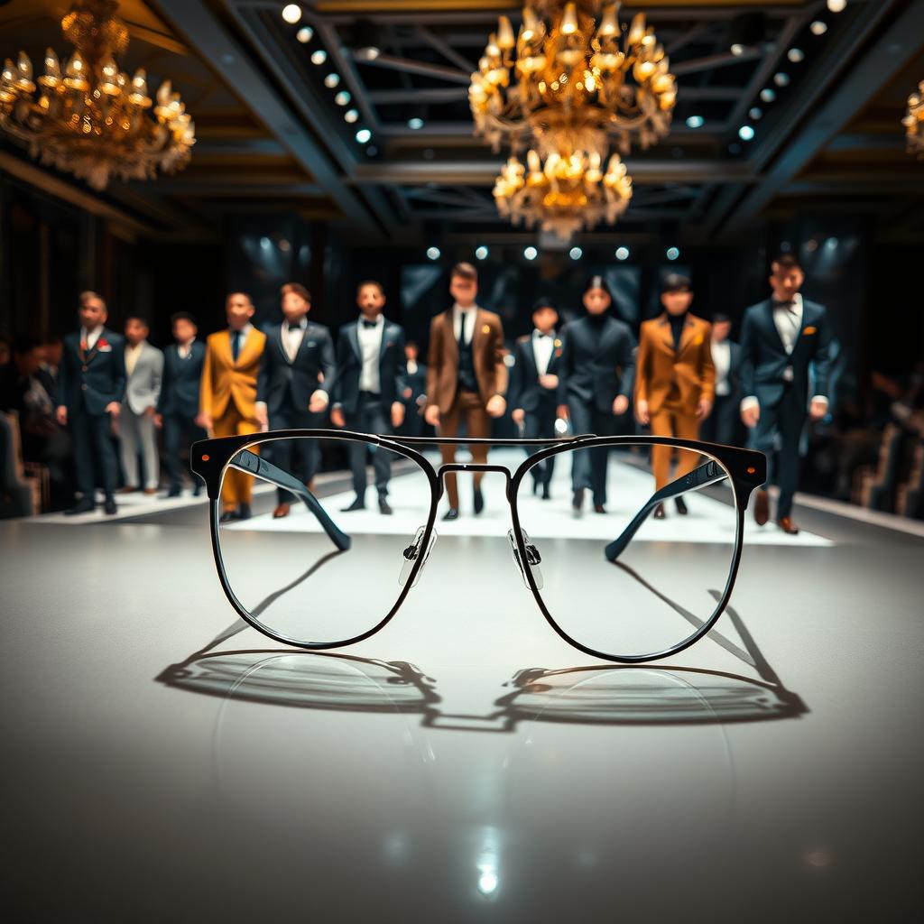 A luxurious fashion show scene featuring exclusive men's spectacles that exemplify elegance and innovation. In the foreground, a striking pair of avant-garde eyeglasses crafted from high-quality materials, highlighted against a sleek, reflective surface. The middle ground showcases a diverse group of stylishly dressed male models, each wearing tailored suits with unique accessories, exuding confidence and sophistication. In the background, an extravagant runway illuminated with soft, warm lighting that casts dramatic shadows, enhancing the upscale atmosphere. Camera angle slightly elevated to capture both the models and the fashionably decorated venue, with a focus on creating an intimate yet grand impression of the luxury fashion world. The overall mood is one of opulence and cutting-edge style, reflecting the essence of exclusive men's fashion.