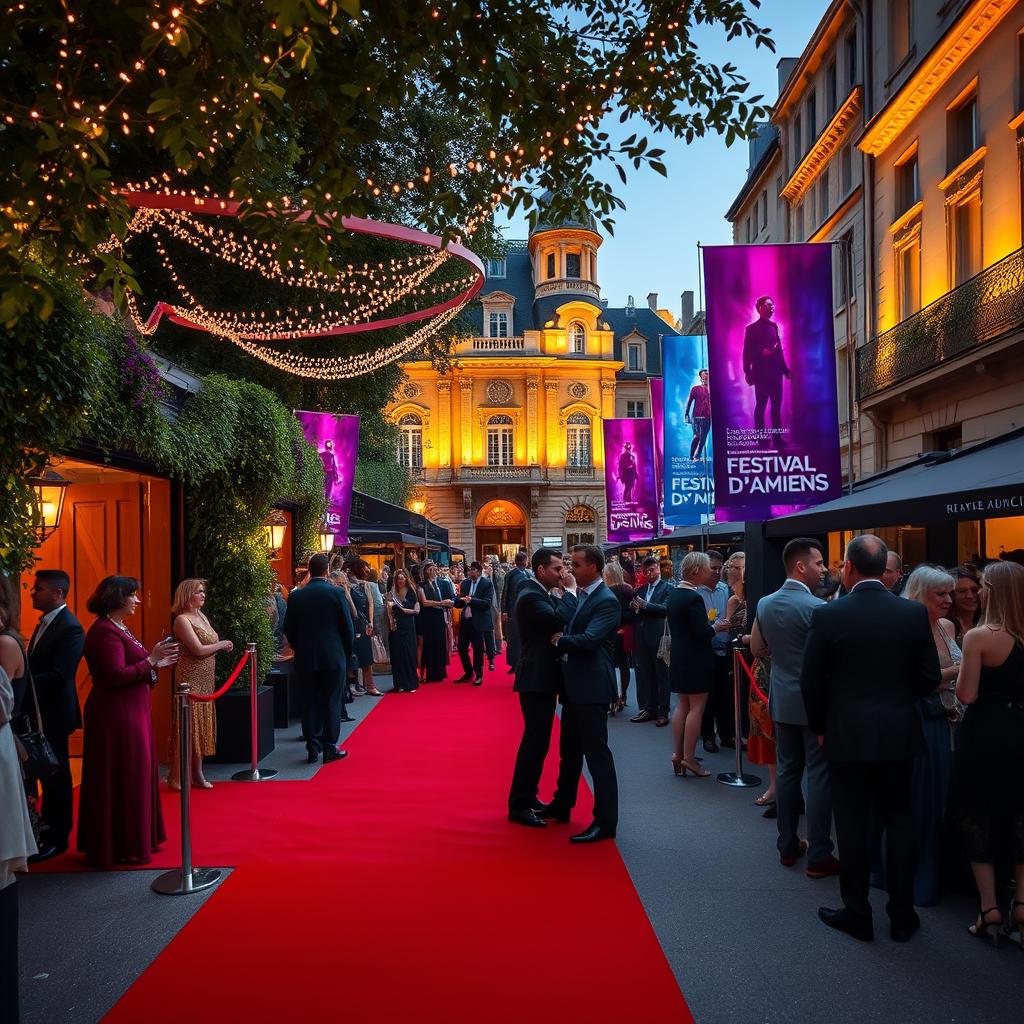 A luxurious film festival scene in Amiens, France, showcasing an elegant outdoor venue adorned with twinkling fairy lights and lush greenery. In the foreground, a red carpet leading to a grand entrance, with well-dressed attendees in sophisticated evening attire, exuding an air of exclusivity. The middle ground features vibrant banners celebrating cinematic creativity, while filmmakers and actors engage in animated conversation, showcasing the festival's lively atmosphere. The background reveals historic buildings illuminated by soft, warm lights, enhancing the ambiance of sophistication and allure. Golden hour lighting casts a magical glow over the entire scene, enriching the mood of celebration and artistic expression. The image captures the essence of luxury and creativity that defines the Festival du Film d’Amiens, inviting viewers into this cinematic world.