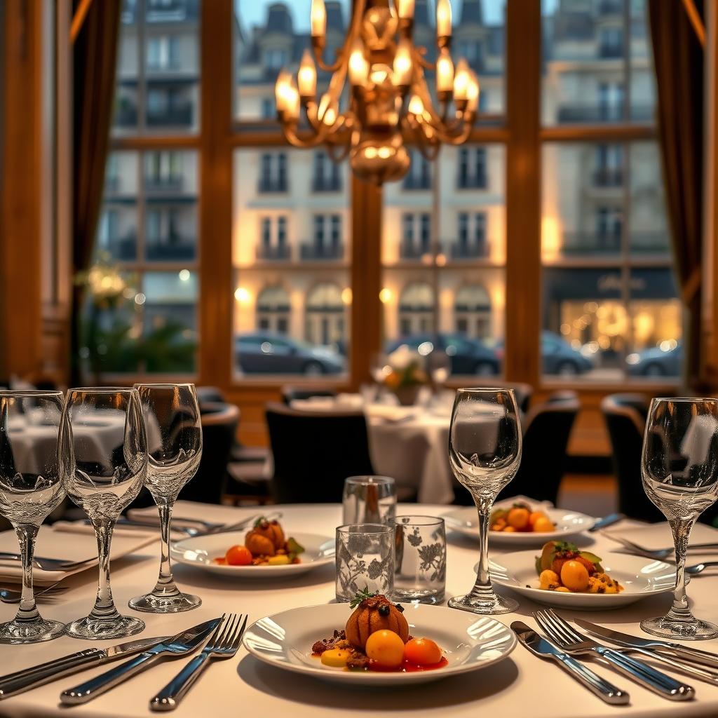 A luxurious fine dining table set in an elegant Parisian restaurant. In the foreground, a beautifully arranged table features gleaming crystal stemware, intricately designed silverware, and delicate porcelain plates, each adorned with gourmet dishes artistically presented. The middle ground showcases an illuminated chandelier casting a warm, inviting glow on the setting, enhancing the opulent atmosphere. In the background, soft-focus views of classic Parisian architecture through large windows, with subtle reflections of the city lights outside, create an enchanting ambiance. The scene exudes sophistication and refinement, capturing the essence of fine dining in Paris. The lighting is soft and warm, ensuring a romantic and inviting atmosphere that highlights the richness of the dining experience.