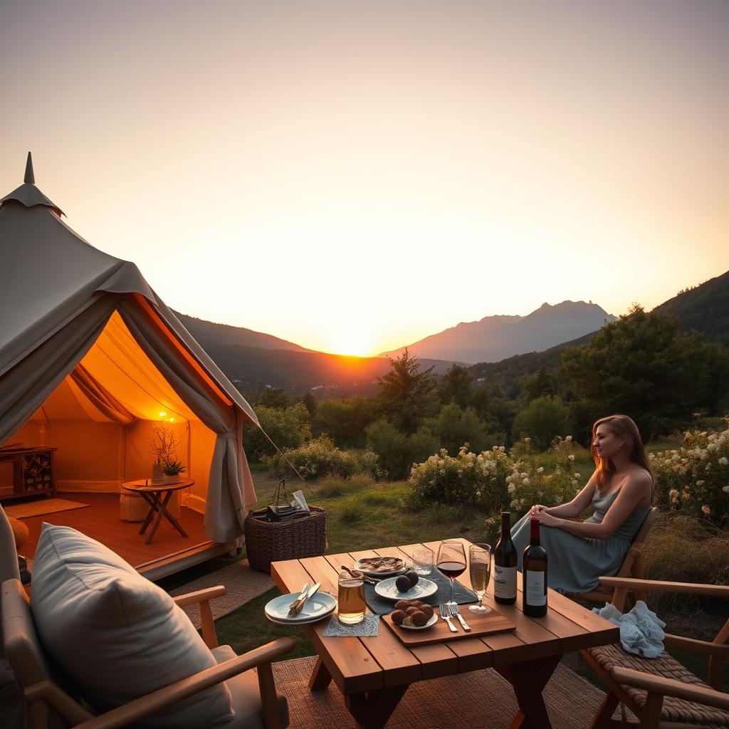 A luxurious glamping setup nestled in a French national park during golden hour. In the foreground, an elegant glamping tent with soft, warm lighting spilling from within, invitingly adorned with plush furnishings and cozy decor. A beautifully set wooden table with gourmet picnic items and fine wine complements the scene, while two elegantly dressed individuals enjoy a serene moment in modest casual attire. In the middle ground, lush green trees and serene wildflowers enhance the rustic charm, creating a tranquil atmosphere. The background features majestic mountains and a clear sky bathed in hues of orange and pink as the sun sets, casting a warm glow over this idyllic setting. The image should evoke a sense of peace, luxury, and connection with nature, captured with a wide-angle lens to emphasize the grandeur of the landscape.