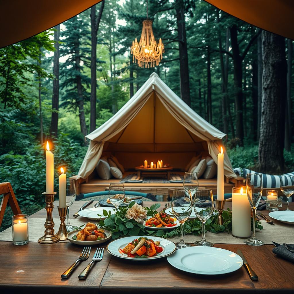 A luxurious glamping setup nestled in a vibrant forest. In the foreground, a beautifully arranged wooden table adorned with an elegant tablecloth, fine china, and crystal glasses, showcasing a gourmet meal featuring fresh local ingredients. Soft golden candlelight flickers, creating a warm and inviting atmosphere. In the middle ground, a cozy, upscale tent provides an intimate setting, elegantly furnished with plush cushions and a chic chandelier hanging from the ceiling. The background reveals lush greenery and tall trees, filtered sunlight streaming through the leaves, adding a magical glow to the scene. The overall mood is sophisticated and serene, evoking a sense of culinary delight amid nature’s beauty. Capture this scene with a slightly elevated angle, emphasizing the lavishness while seamlessly blending with the natural surroundings.