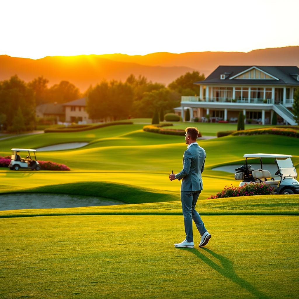 A luxurious golf resort in France during golden hour, showcasing a beautifully manicured golf course with lush green fairways and meticulously designed bunkers. In the foreground, a stylishly dressed couple in professional golf attire are preparing to tee off, exuding elegance and sophistication. The middle ground features a sleek golf cart parked nearby and vibrant flowering shrubs enhancing the landscape. In the background, the stunning outlines of a luxury clubhouse with large windows and an outdoor terrace can be seen, surrounded by rolling hills under a warm, colorful sunset. Use soft, warm lighting to create an inviting atmosphere, with a slightly upward angle to emphasize the grandeur of the scene.