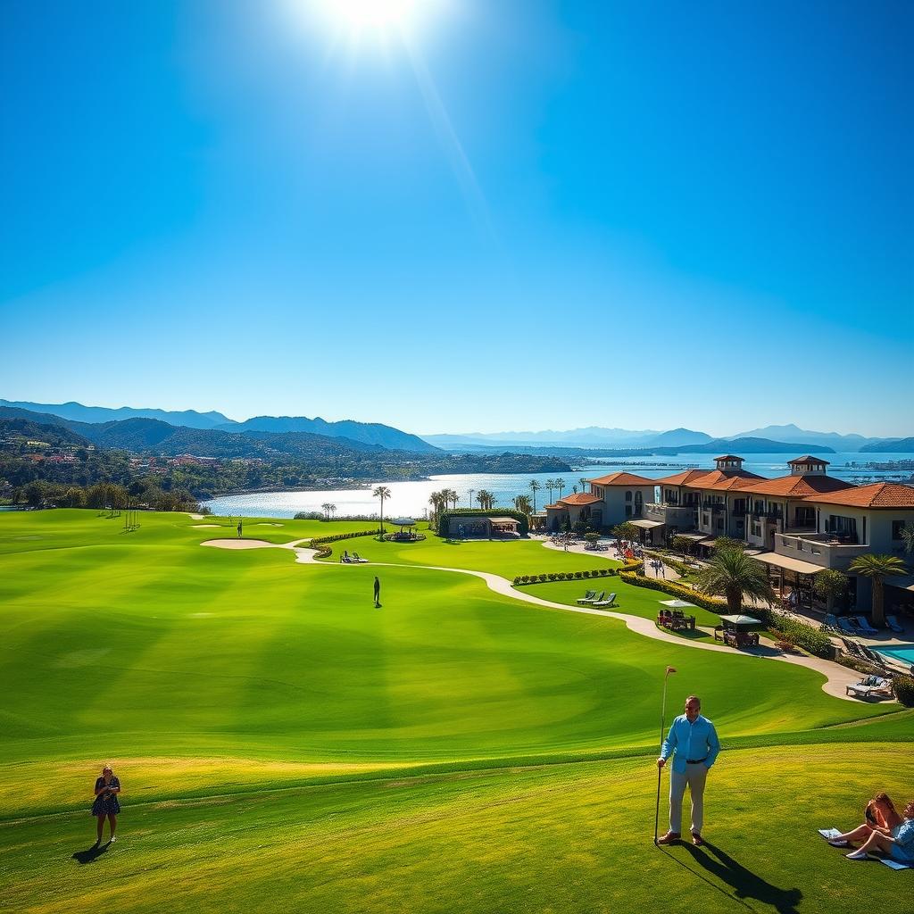 A luxurious golf resort setting under a clear blue sky in the foreground, featuring a pristine golf course with meticulously manicured greens and rolling hills. The middle ground showcases elegant resort buildings with modern architecture, adorned with lush gardens and palm trees. In the background, glimpses of a sparkling lake and distant mountains create a serene and inviting atmosphere. The scene is illuminated by warm, golden sunlight, enhancing the sense of relaxation and luxury. Captured from a slightly elevated angle to provide depth, the image evokes a mood of tranquility and sophistication. Include individuals dressed in smart casual attire, enjoying leisure activities like dining al fresco, playing lawn games, or relaxing by the pool, reflecting a lifestyle of elegance and leisure outside of golf.