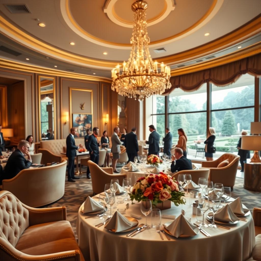 A luxurious high-end lounge area in a five-star hotel, elegantly furnished with plush velvet sofas and gold-accented decor. In the foreground, a beautifully set table with fine china and crystal glassware, exuding sophistication, surrounded by guests dressed in professional business attire, engaged in animated conversation. In the middle ground, a grand chandelier illuminates the space with warm, soft lighting, creating an inviting atmosphere. The background features large windows with a stunning view of a manicured garden, allowing natural light to filter in, enhancing the opulence of the scene. The mood is exclusive and refined, perfect for high-profile events. Use a wide-angle lens to capture the grandeur of the setting, with a gentle focus on the guests and table setting, while keeping the overall ambiance warm and welcoming.