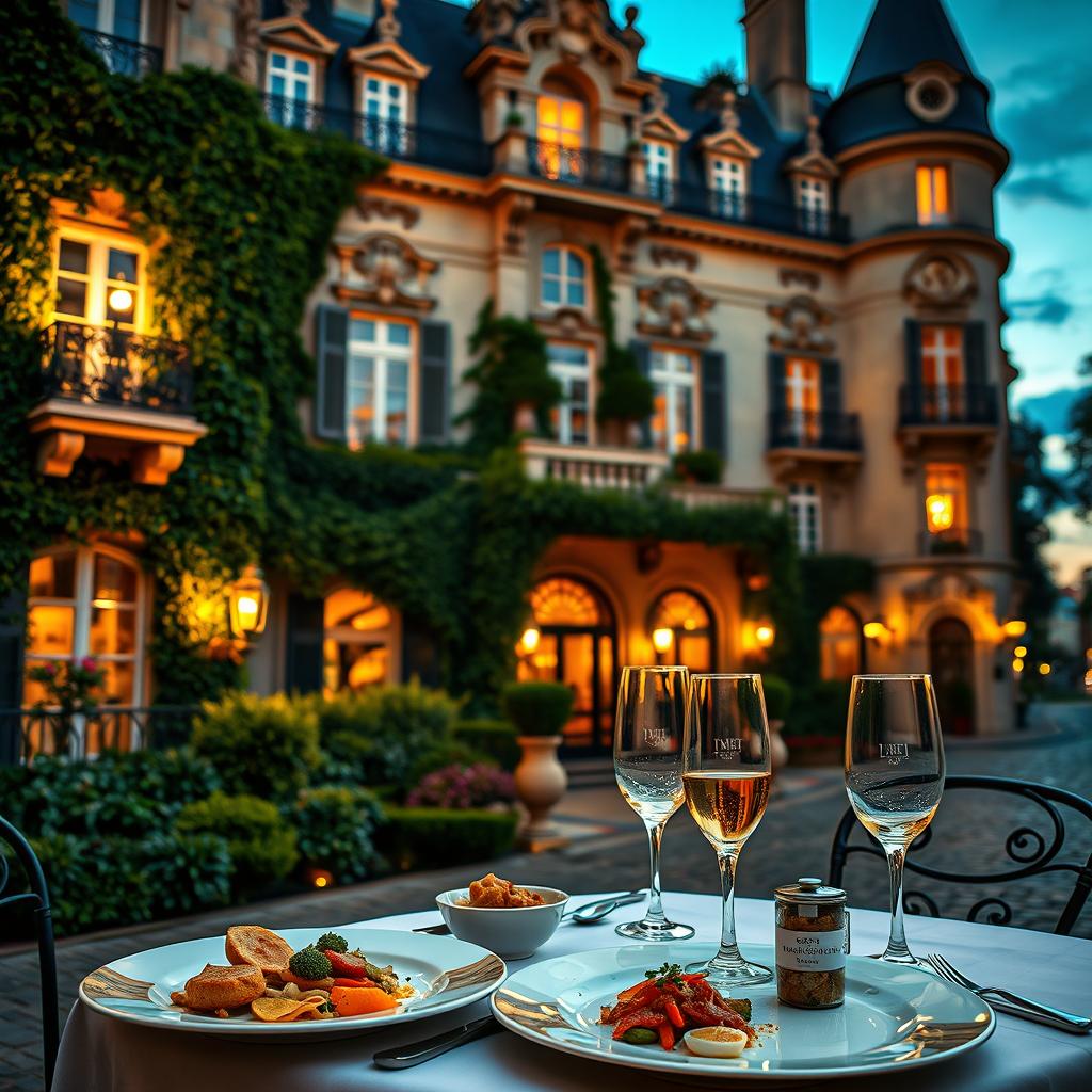 A luxurious historic hotel in France, showcasing elegant architecture with Baroque and Renaissance influences. In the foreground, a beautifully set table with exquisite French cuisine, fine china, and crystal glasses reflecting soft candlelight. The middle ground features the hotel’s opulent façade, adorned with ivy and intricate stone carvings, framed by lush gardens. In the background, a twilight sky casts a warm glow, enhancing the romantic atmosphere. The scene is illuminated by golden hour lighting, highlighting the textures and details of the building and food. A charming cobblestone street leads to the entrance, inviting guests into this sumptuous experience. The mood is cozy and enchanting, evoking the essence of luxury and French gastronomy.