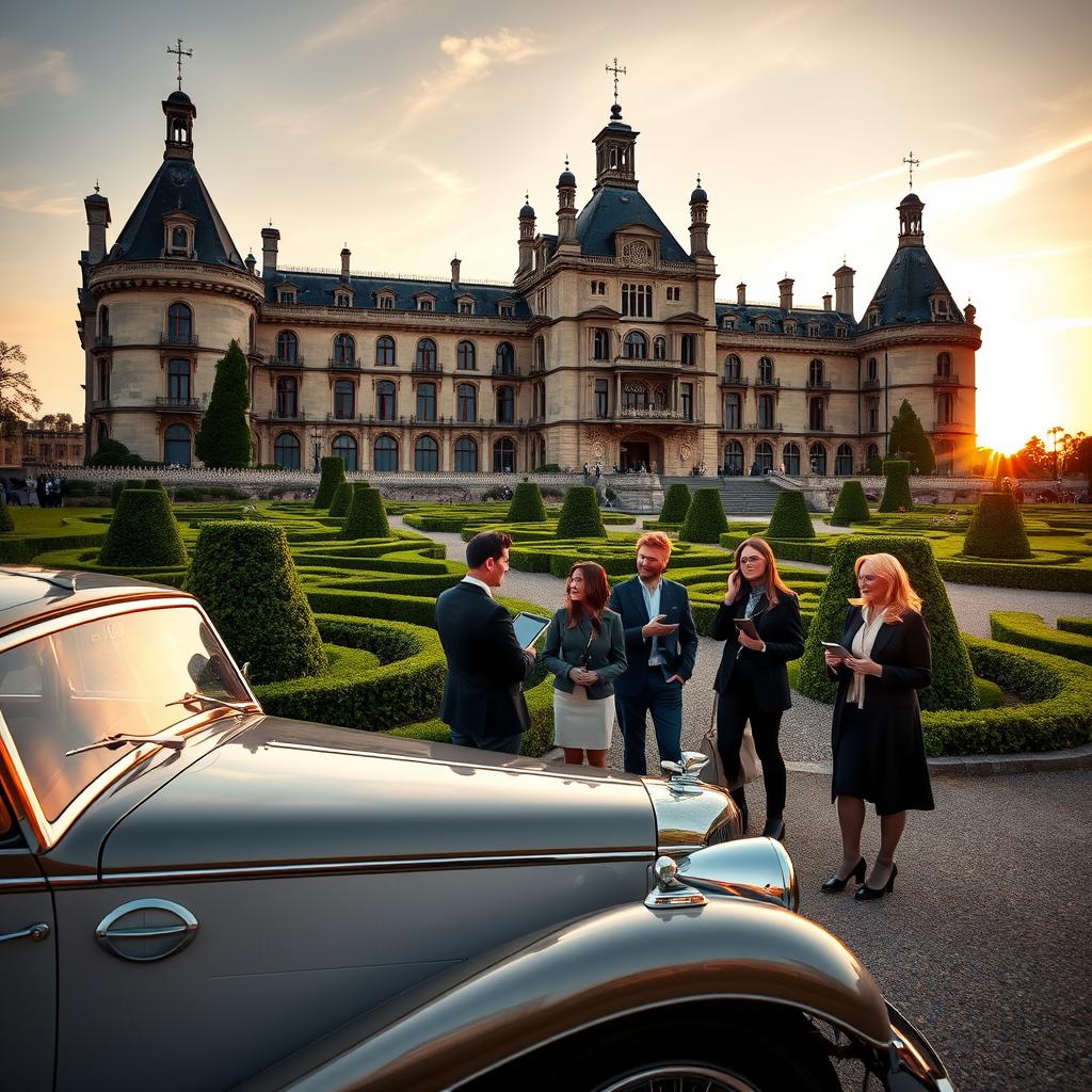 A luxurious historical tour setting, featuring an elegant vintage car parked in front of a grand, well-preserved historic castle. In the foreground, a group of well-dressed tourists in professional attire, engaged in discussion, showcasing the blend of technology and history with tablets displaying information about the site. The middle ground highlights ornate castle architecture, adorned with lush green gardens and sculpted hedges. In the background, a vibrant sunset casts a warm glow over the scene, enhancing the mood of sophistication and adventure. The image should evoke a sense of opulence and discovery, captured from a slightly elevated angle to emphasize the grandeur of both the tourists and the historical location, with soft, warm lighting to create an inviting atmosphere.