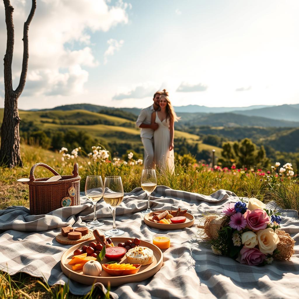A luxurious honeymoon adventure in nature, featuring a couple in elegant yet modest outdoor attire. In the foreground, a beautifully set picnic blanket adorned with gourmet food and fine wine glasses, accompanied by a bouquet of fresh flowers. The middle ground showcases the couple joyfully exploring a scenic natural landscape, surrounded by lush greenery and blooming wildflowers. The background reveals rolling hills under a bright blue sky, with soft, fluffy clouds casting gentle shadows across the landscape. The scene is bathed in warm, golden sunlight, creating a romantic and inviting atmosphere. Capture the moment with a soft focus lens to evoke a dreamy quality, framing the couple's joyful expressions and the serene beauty of their surroundings.