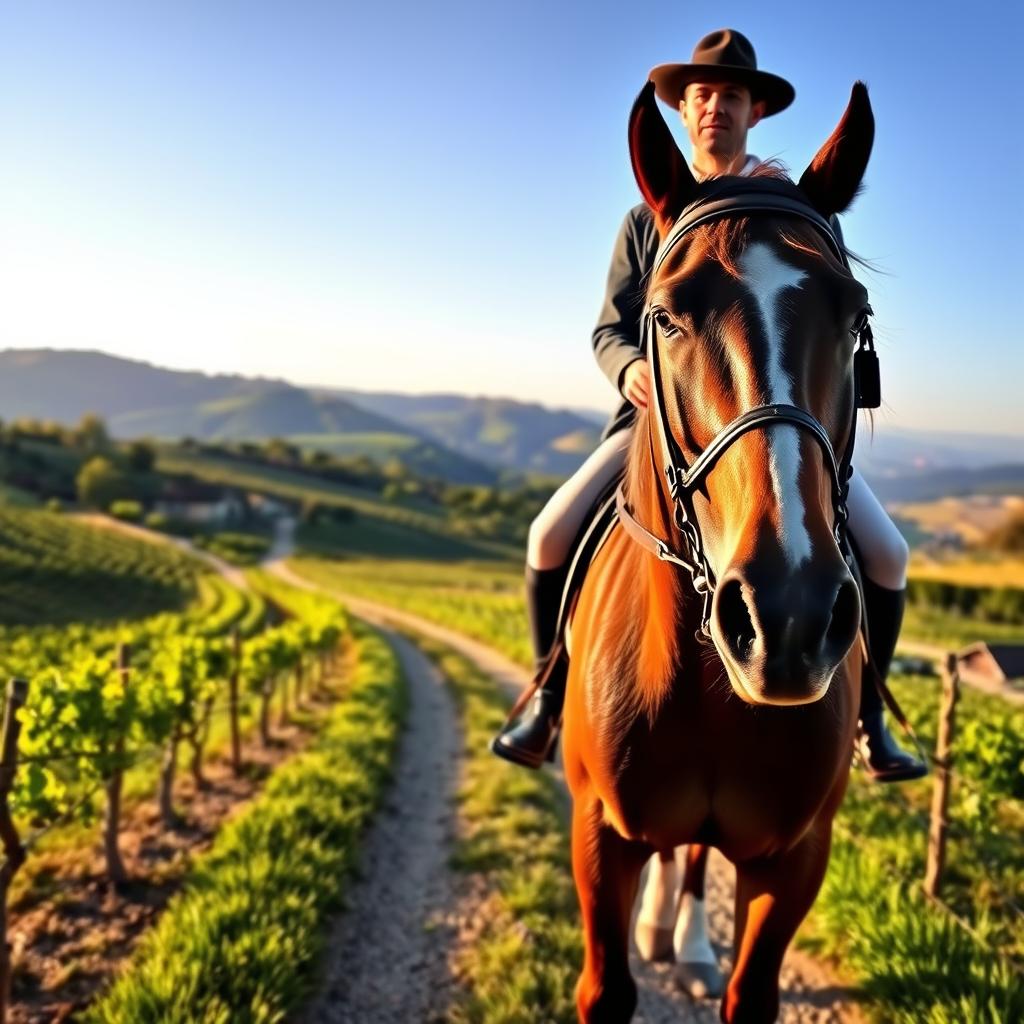 A luxurious horseback riding excursion in the scenic countryside of France. In the foreground, a majestic horse with a beautiful saddle and bridle stands beside a well-dressed rider in elegant, modest equestrian attire, exuding a sense of adventure and sophistication. The middle ground features a winding path leading through lush green vineyards and rolling hills, dotted with charming rustic cottages. The background showcases the breathtaking French countryside under a clear blue sky, with a warm golden sunlight illuminating the scene, creating a serene and inviting atmosphere. Use a soft focus lens to enhance the idyllic charm and tranquility of the landscape, capturing the essence of high-end equestrian experiences. The overall mood conveys luxury, relaxation, and connection with nature.