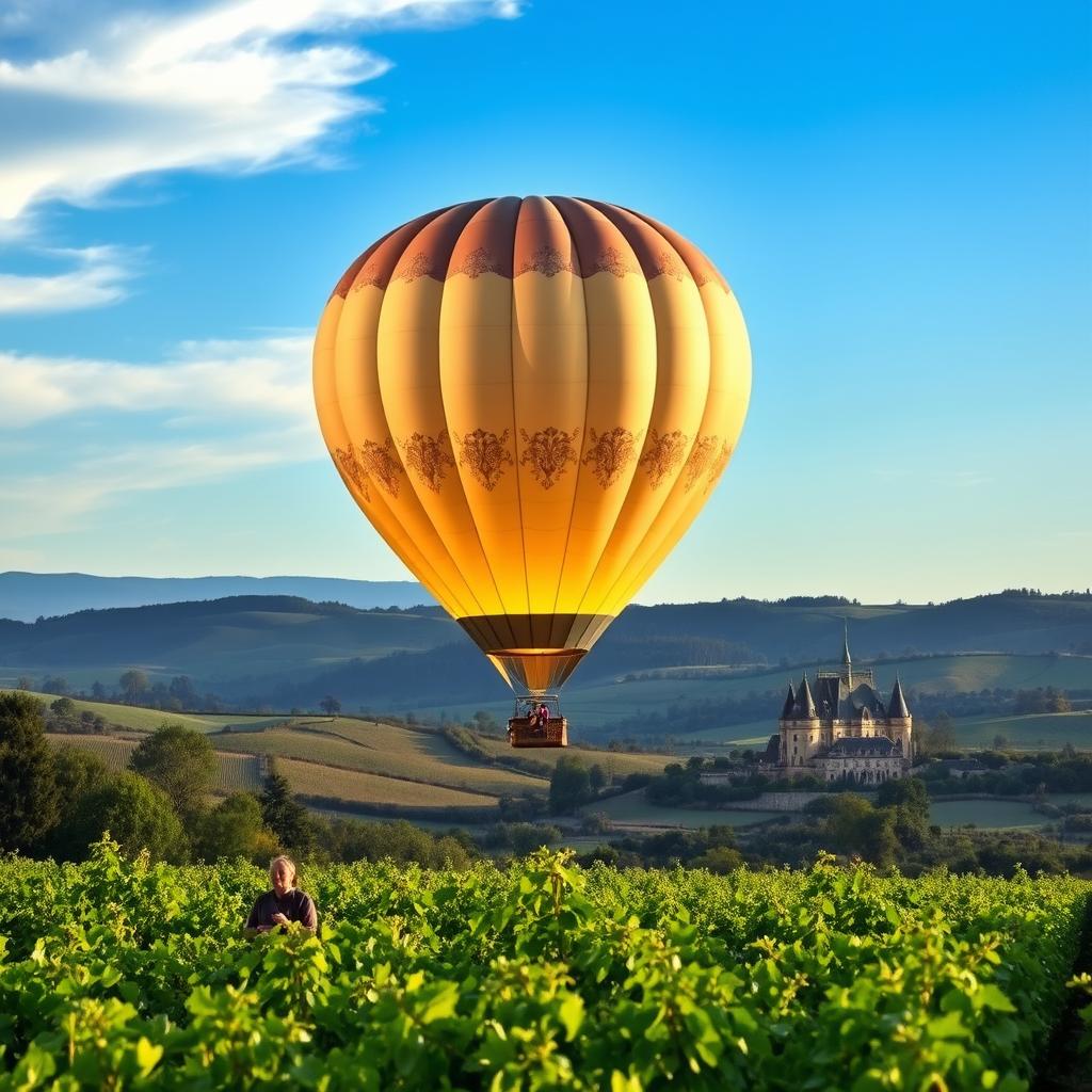 A luxurious hot air balloon gracefully ascends into the vibrant blue sky above the picturesque French countryside. In the foreground, lush green vineyards stretch towards the horizon, dotted with elegant, modestly dressed passengers enjoying the breathtaking view. In the middle ground, the balloon itself displays an exquisite design, adorned with soft pastel colors and intricate patterns that reflect a sense of sophistication. The background features rolling hills and charming châteaux, bathed in the warm glow of a late afternoon sun, casting gentle shadows and creating a serene atmosphere. The image captures the essence of a unique, eco-friendly adventure, emphasizing the tranquility of nature and the commitment to sustainable tourism in the hot air balloon industry.