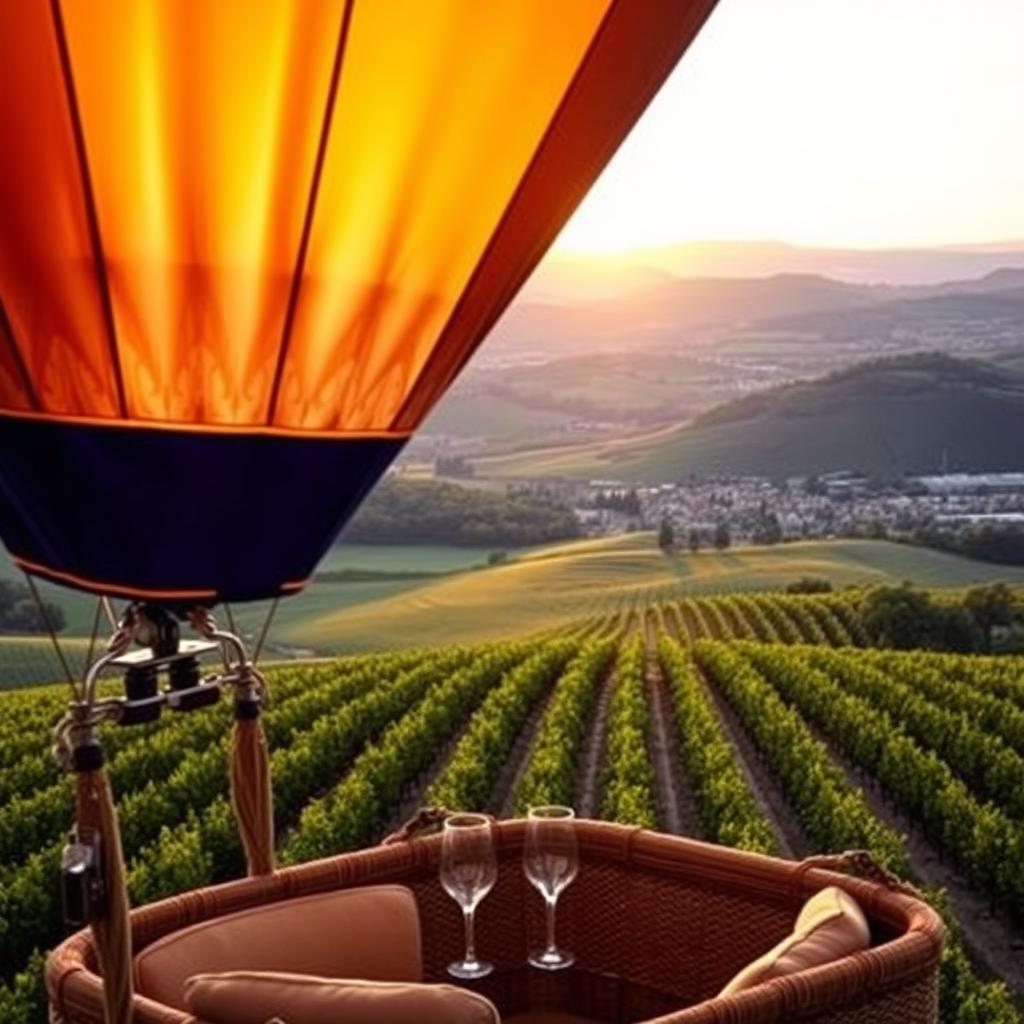 A luxurious hot air balloon gracefully floats above the stunning landscapes of France. In the foreground, a beautifully crafted balloon showcases rich, elegant fabrics in deep blues and golds, adorned with intricate patterns. The spacious basket beneath is elegantly furnished, featuring plush seating and glass champagne flutes, hinting at an exclusive experience. In the middle ground, lush green vineyards stretch out in neat rows, bathed in the warm golden light of a setting sun, creating a tranquil and inviting atmosphere. The background reveals majestic rolling hills and a distant village, softly illuminated by the evening glow. The scene captures a sense of serenity and adventure, inviting viewers to imagine an extraordinary journey. The lighting is soft and warm, enhancing the luxurious feel of the image, shot from a slight upward angle to emphasize the balloon's height above the picturesque landscape.