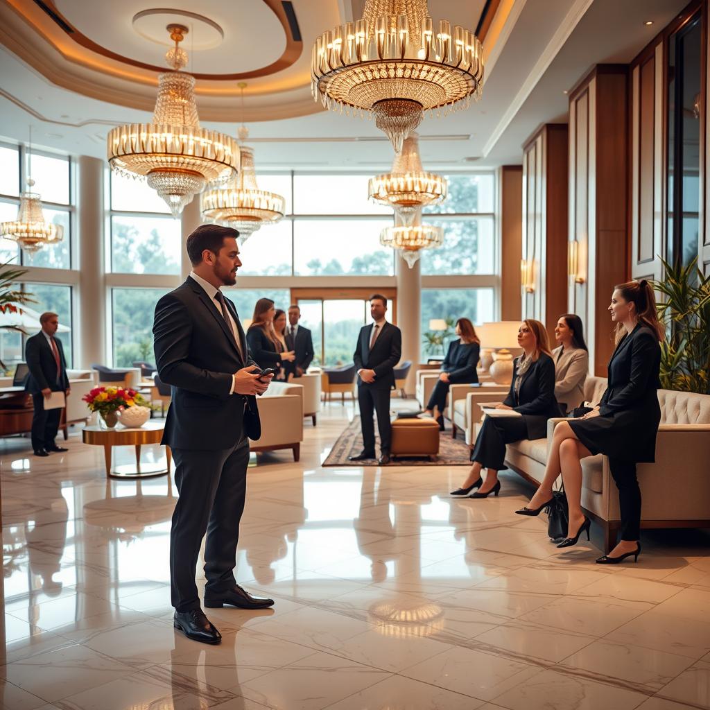 A luxurious hotel lobby, featuring elegant marble flooring and opulent chandeliers that cast a warm, inviting glow. In the foreground, a professional hotel manager in a tailored suit is attentively interacting with a diverse group of guests, showcasing exceptional customer service. The guests appear relaxed and engaged, dressed in smart business attire. The middle ground highlights plush seating areas adorned with fresh flowers and exquisite decor, while the background reveals large windows overlooking a manicured garden. Soft, ambient lighting enhances the mood, creating an atmosphere of sophistication and comfort. Capture this scene with a shallow depth of field to emphasize the emotions of the characters and the luxury environment, using a wide-angle lens for a dynamic perspective.