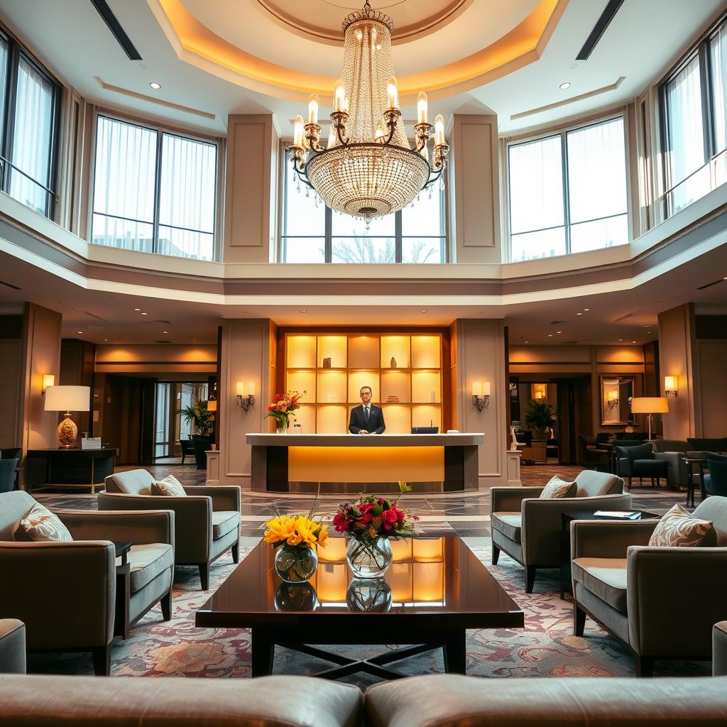 A luxurious hotel lobby in Lille, showcasing elegant furnishings and sophisticated decor. In the foreground, plush seating with modern, stylish armchairs and a polished wooden coffee table adorned with fresh flowers. The middle layer features a grand chandelier casting warm, inviting light, and large windows allowing natural sunlight to stream in, highlighting the exquisite details of the architecture. In the background, a beautifully designed reception area with a friendly concierge dressed in professional attire. The overall atmosphere is one of refined comfort and exclusivity, with soft, ambient lighting creating a serene and welcoming mood. The image should convey the essence of upscale hospitality in Lille, emphasizing the charm and sophistication of the destination.