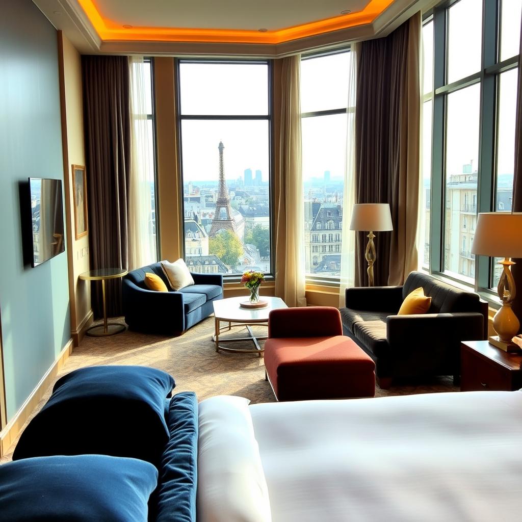 A luxurious hotel suite showcasing elegance and comfort in France. The foreground features an opulent king-size bed adorned with plush fabrics, complemented by rich wood accents. A modern, stylish sitting area with velvet sofas and a marble coffee table invites relaxation. The middle ground reveals large windows draped with soft, flowing curtains, allowing natural light to pour in, accentuating the rich color palette of deep blues and golds. In the background, a stunning view of the Paris skyline can be seen, enhancing the atmosphere of luxury. Soft, warm lighting creates an inviting ambiance. The scene conveys tranquility and refined sophistication, capturing the essence of premium luxury accommodations.