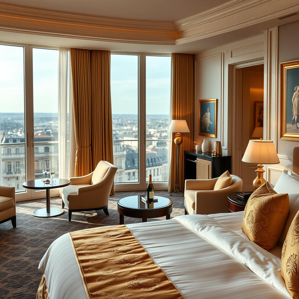 A luxurious hotel suite showcasing premium comfort and elegance in France. In the foreground, a tastefully arranged bedroom featuring a king-sized bed with plush linens, golden accents, and soft ambient lighting. On one side, a stylish seating area with elegant armchairs and a small coffee table, perhaps with a bottle of champagne and fine glassware. The middle features large, panoramic windows draped in sophisticated curtains, offering a stunning view of a scenic French landscape or cityscape. In the background, light-filled spaces with tasteful artwork and elegant decor, creating a serene atmosphere. The image should evoke a feeling of tranquility and opulence, captured with soft, warm lighting and a slightly blurred background to emphasize the suite's inviting details.