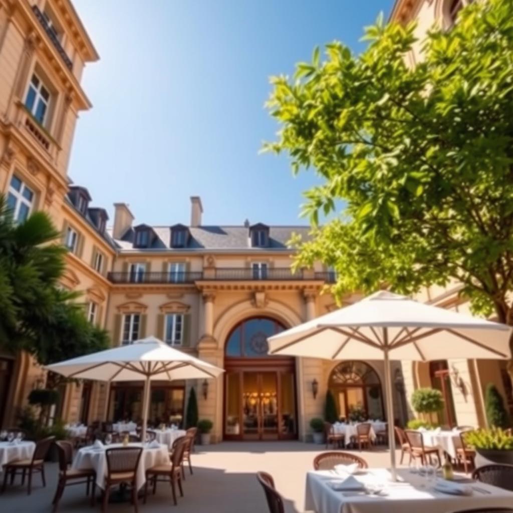 A luxurious iconic hotel courtyard in France, featuring elegant architecture with ornate facades, large windows, and lush greenery. In the foreground, a beautifully arranged dining area with fine table settings under a large, white umbrella. The middle ground showcases the grand entrance of the hotel with its impressive double doors and elegant stonework. In the background, a clear blue sky bathed in warm sunlight complements the golden hues of the building. A gentle breeze rustles the leaves of the nearby trees, creating a serene atmosphere. The scene is captured with a wide-angle lens to emphasize the grandeur, and the lighting is soft and diffused, enhancing the feeling of luxury and sophistication without any people present.