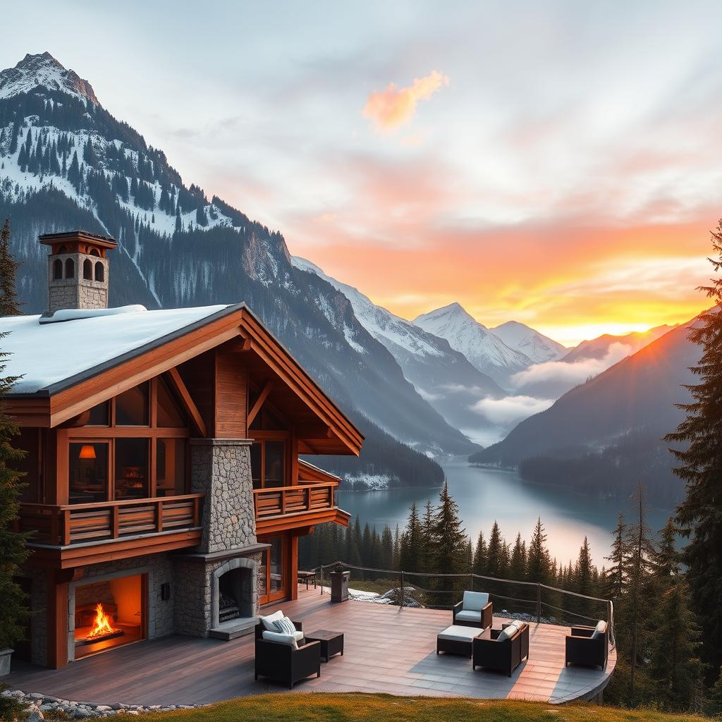 A luxurious mountain retreat nestled in the picturesque French Alps, surrounded by towering snow-capped peaks and lush evergreen forests. The foreground features an elegantly designed wooden cabin with large panoramic windows, inviting natural light to flood the interior. A cozy stone fireplace and plush outdoor furniture on the terrace suggest comfort and relaxation. In the middle ground, a serene alpine lake reflects the vibrant colors of the sunset, casting a warm glow. The background is dominated by majestic mountain ranges, partially shrouded in mist. The scene is bathed in golden hour lighting, creating a tranquil and inviting atmosphere. This idyllic setting embodies the essence of a high-end getaway, perfect for a unique retreat experience.