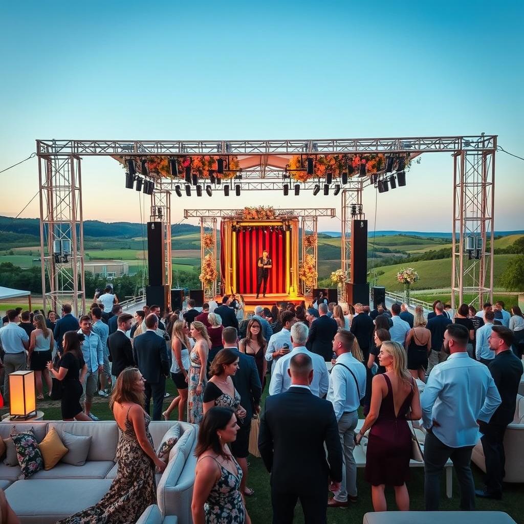 A luxurious outdoor music festival scene set in the French countryside, with elegantly dressed attendees enjoying the vibrant atmosphere. In the foreground, a diverse group of individuals in smart casual attire mingles over a stylish lounge area adorned with plush seating and ambient lighting. In the middle ground, a lavish stage features an artist performing, surrounded by decorative floral arrangements and sophisticated light displays. The background showcases rolling hills and a clear blue sky, subtly hinting at the golden hour, casting warm, inviting light over the scene. The overall mood is one of excitement and exclusivity, capturing the essence of a premium music festival experience in France.