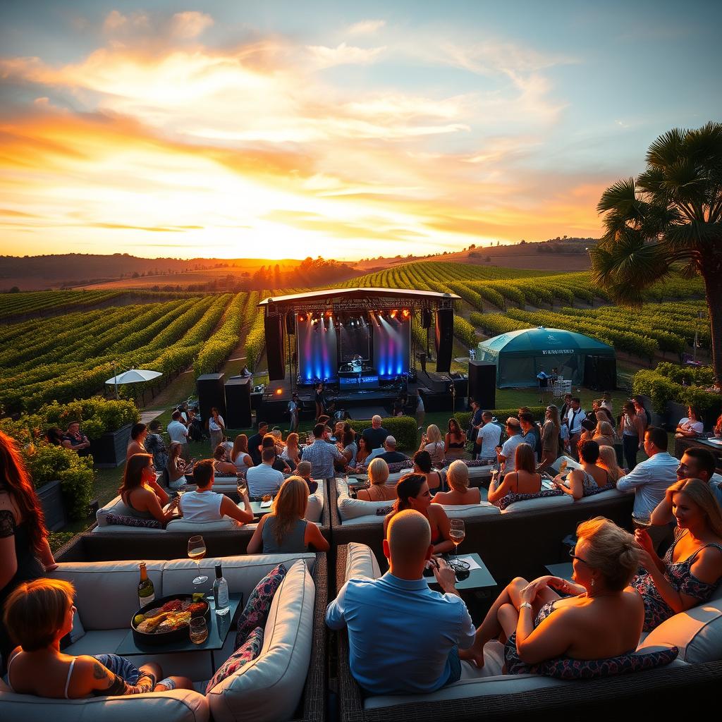 A luxurious outdoor music festival set in a picturesque French vineyard during golden hour. In the foreground, elegantly dressed festival-goers in chic summer attire relax on plush lounge seating with fine wine and gourmet food. The middle ground features a stylish stage with a world-renowned DJ performing, surrounded by glimmering lights and lush greenery. Spectators dance joyfully, capturing the vibrant energy of the event. In the background, rolling hills and rows of grapevines create a stunning backdrop under a vibrant sunset sky, enhancing the opulent atmosphere. Soft, warm lighting illuminates the scene, conveying an inviting and celebratory mood. A wide-angle lens captures both the crowd's exuberance and the scenic beauty of the setting.