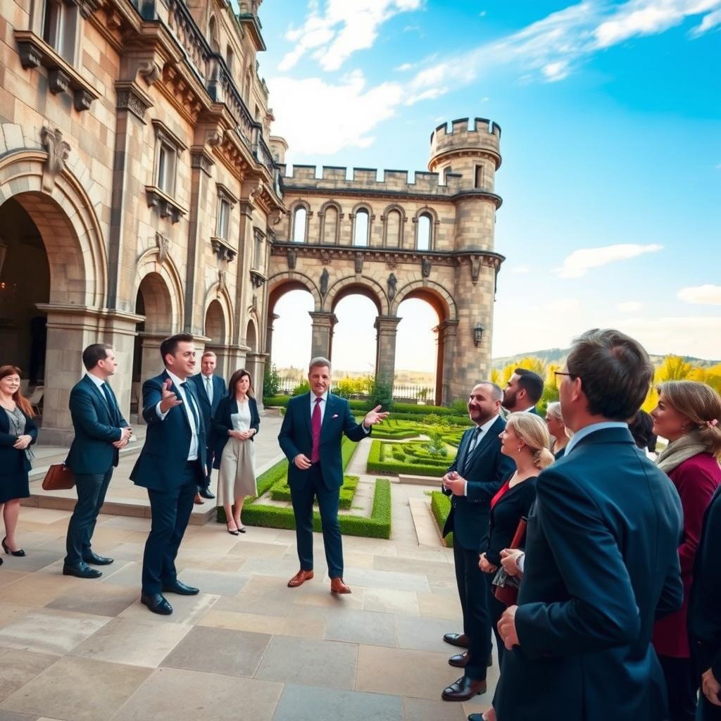A luxurious outdoor setting showcasing an elegant historical tour, featuring a diverse group of professionally dressed individuals exploring an ornate ancient castle. In the foreground, a well-dressed tour guide gestures animatedly while sharing insights about the architecture to an engaged audience, all wearing attire suitable for a classy outing. The middle ground reveals grand stone arches and lush gardens, accentuating the historical significance of the location. In the background, a clear blue sky with soft, warm sunlight bathes the scene, creating a welcoming atmosphere. Capture the essence of sophistication and cultural appreciation, using a soft focus lens for a dreamy effect, evoking excitement and knowledge in the viewers.